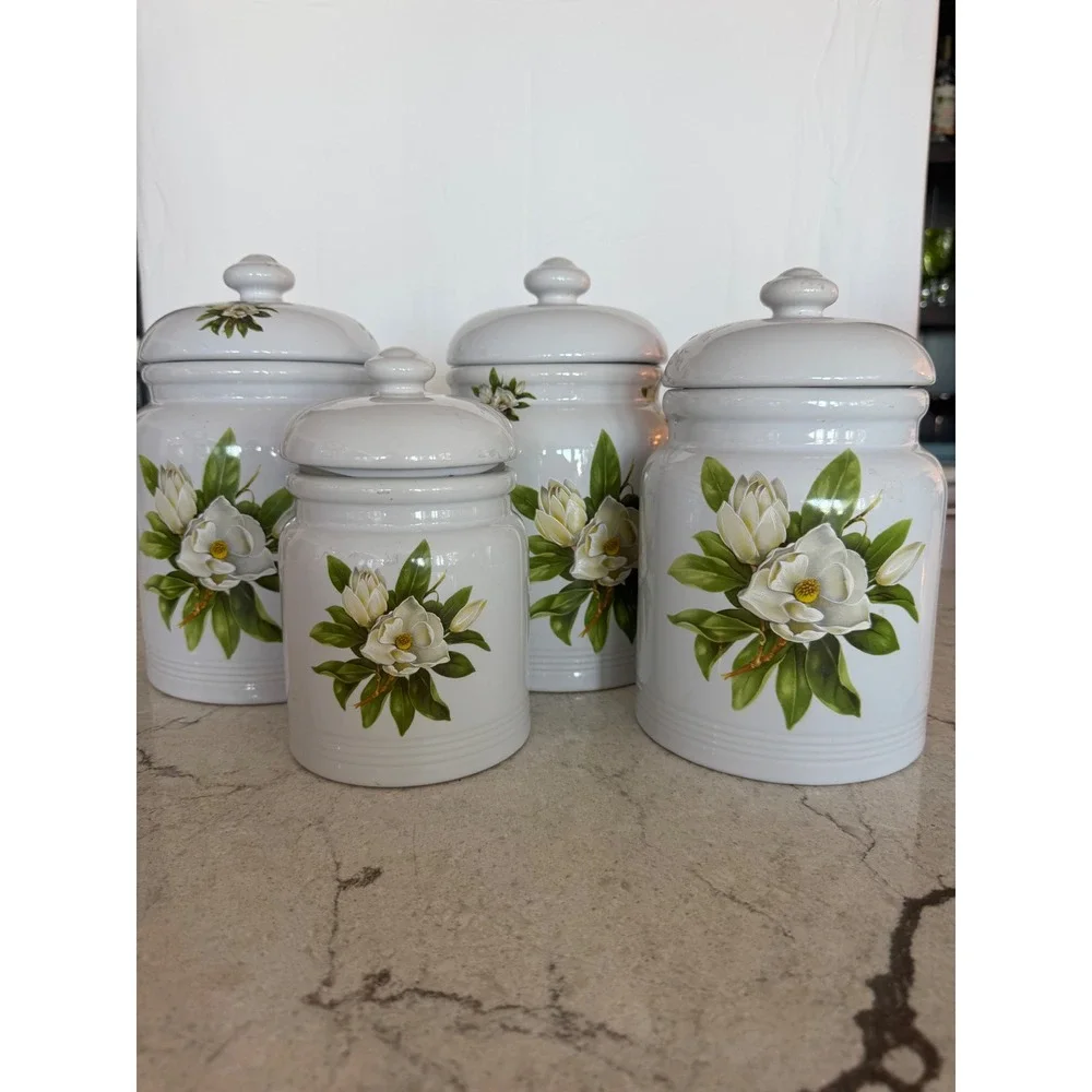 Vintage White Magnolia Ceramic Canister Set 4 Piece Floral Kitchen Storage Jars
